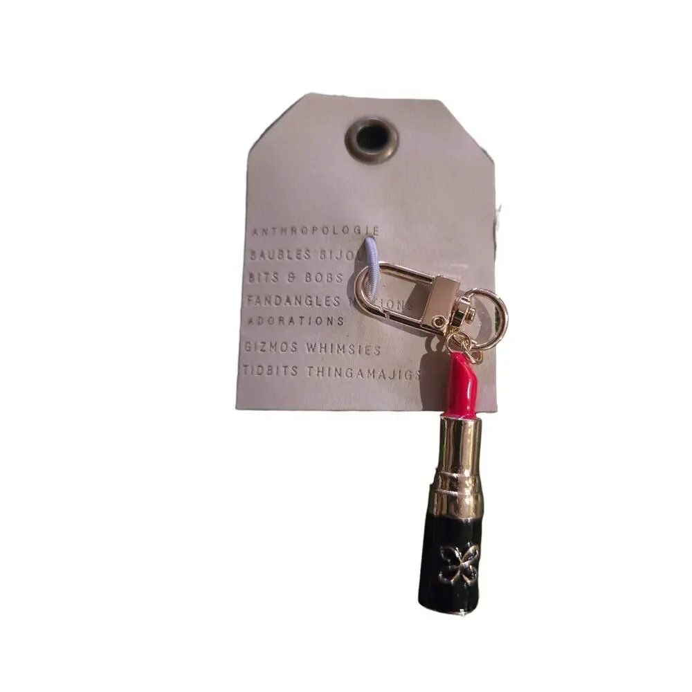 Anthropologie Maeve Lipstick Shaped Metal Bag Charm Keychain Red Black Gold New